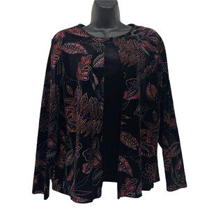 Notations Sweater Cardigan Set Black Red Sparkle Velour‎ Feel Size S